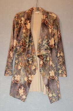 Solitaire Floral Faux Suede Open Front Cardigan Jacket Medium Drape Neck